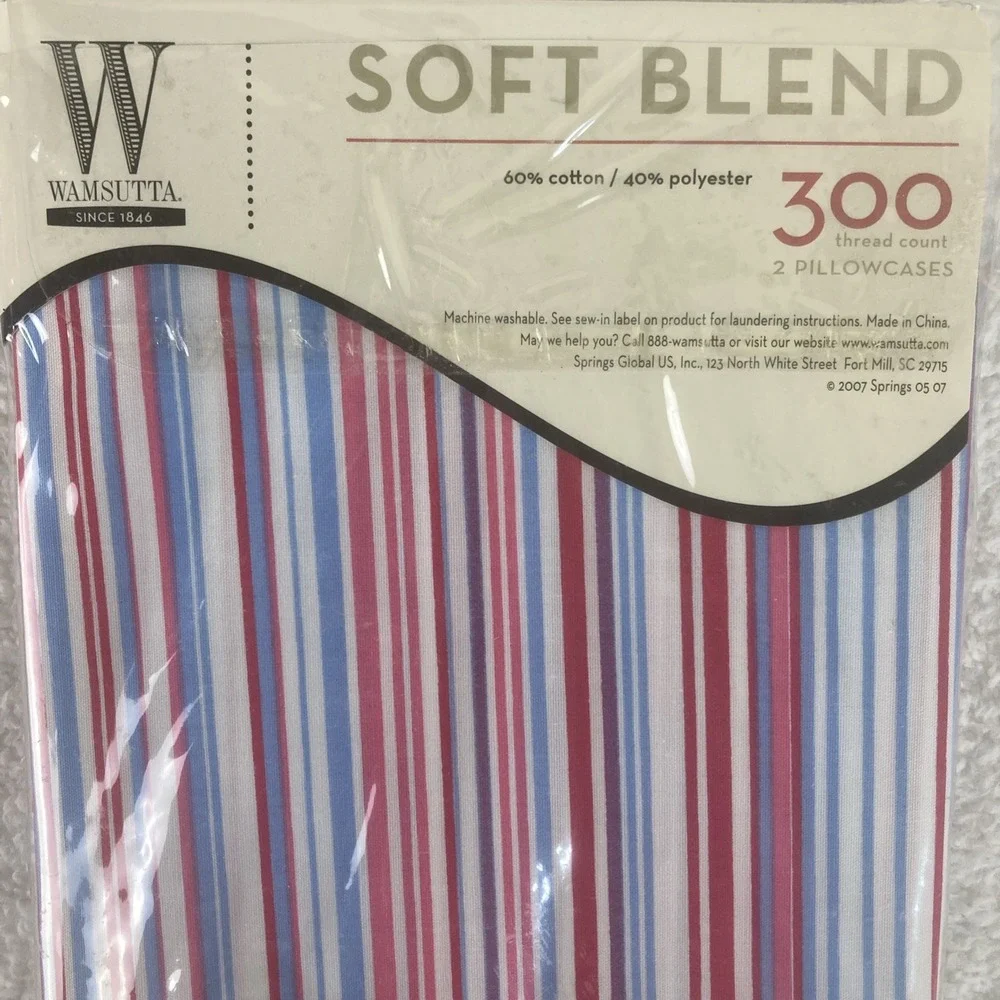 Wamsutta 300 Thread Count 2 Pillowcases Queen Stripe Red Blue‎ NOS Spring 2007